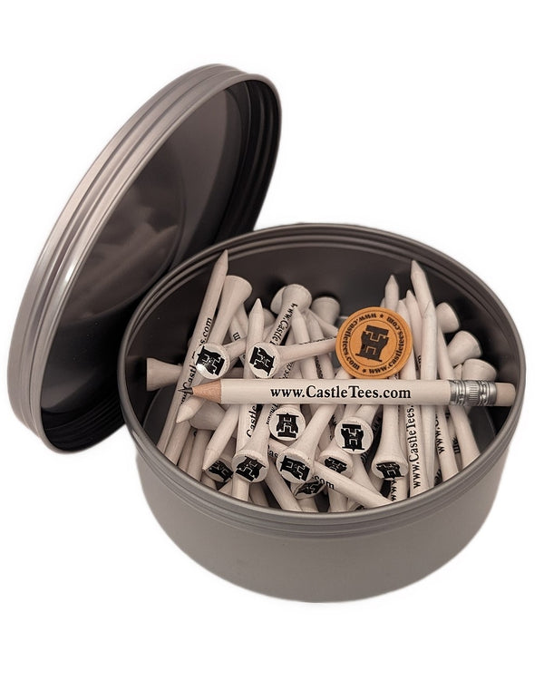 White Straight Tees – 40 x 83mm 3 ¼ inch White Premium Bamboo Golf Tees in a Tin with Free Ball Marker & Free Pencil. Twice the strength of regular bamboo very strong & durable & a Great Golf Gift.