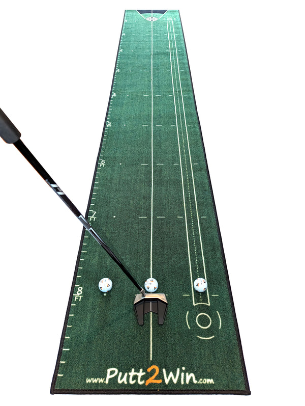 Putt2Win Training Putting Practice Mat is a Quality Technical Training Mat Designed in the UK to Help Golfers of all Ages and Skill Levels to Improve their Putting. Great Golf Gift.