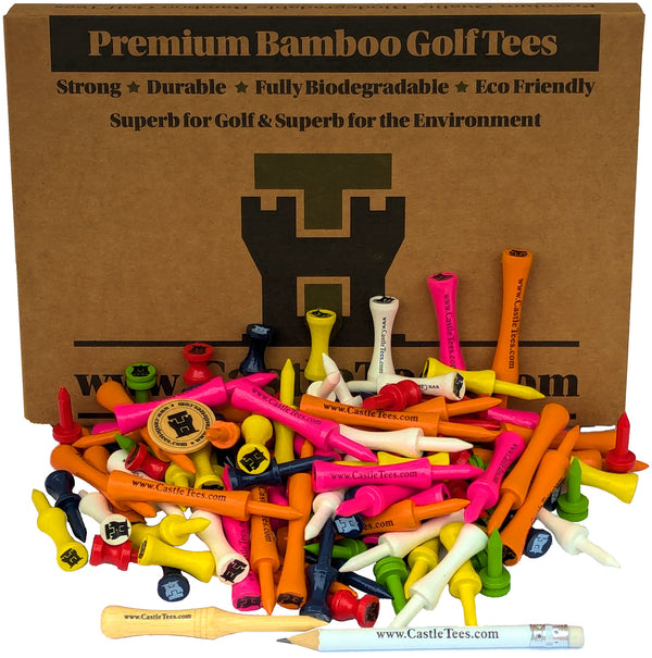 Mixed Castle Tees Box – 140 pcs Mixed Size Premium Bamboo Castle Golf Tees in a Box