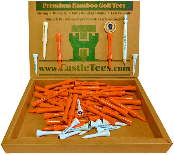 Orange Castle Tees – 50 x 70mm 2 ¾ inches Orange Premium Bamboo Golf Tees in a Biodegradable Kraft Box