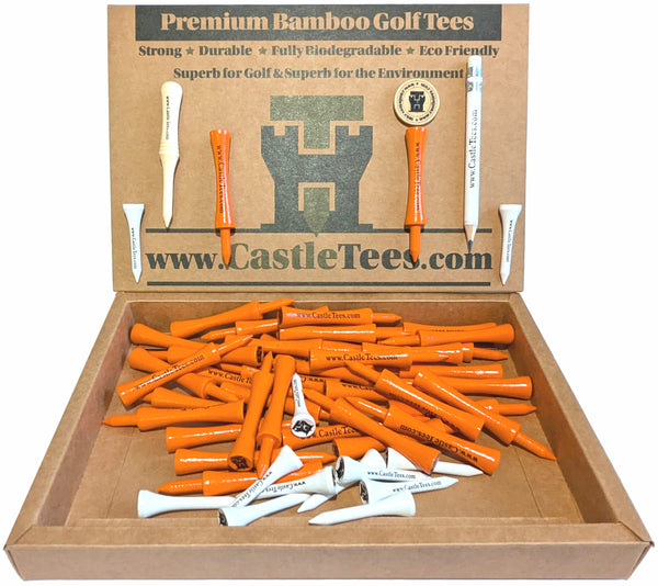 Orange Castle Tees – 50 x 70mm 2 ¾ inches Orange Premium Bamboo Golf Tees in a Biodegradable Kraft Box