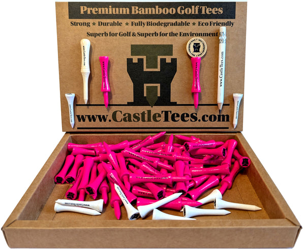 Pink Castle Tees – 50 x 60mm 2 1⁄3 inches Pink Premium Bamboo Golf Tees in a Biodegradable Kraft Box