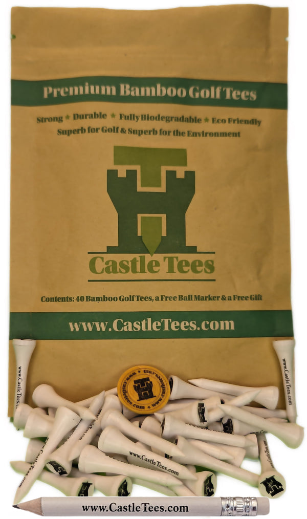 White Straight Tees – 40 x 42mm White Premium Bamboo Golf Tees in a Biodegradable Bag with Free Ball Marker & Free Pencil. Twice the strength of regular bamboo very strong & durable & a Great Golf Gift.