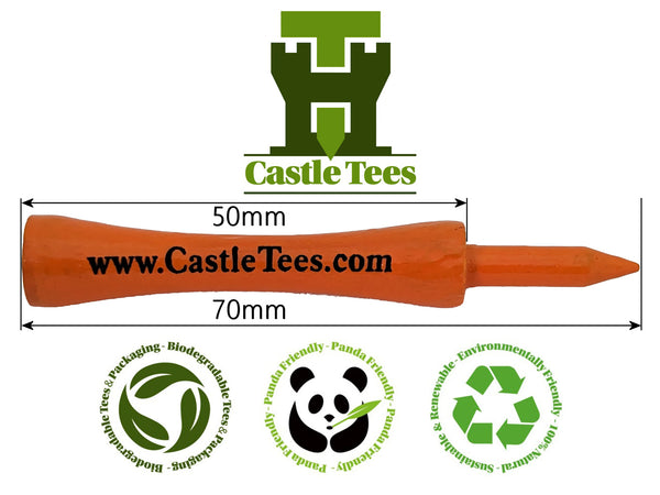Orange Castle Tees – 40 x 70mm 2 ¾ inches Orange Premium Bamboo Golf Tees in a Tin