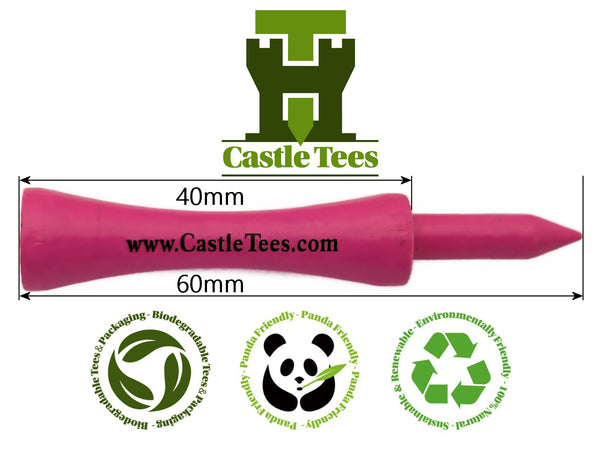 Pink Castle Tees – 40 x 60mm 2 1⁄3 inches Pink Premium Bamboo Golf Tees in a Biodegradable kraft paper Resealable Bag