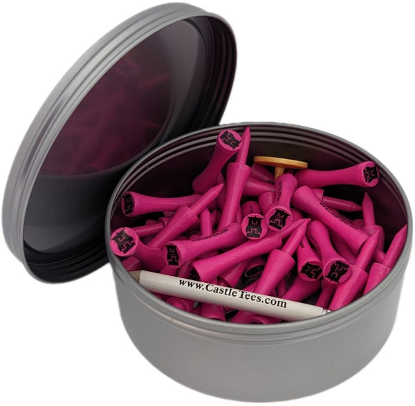 Pink Castle Tees – 40 x 60mm 2 1⁄3 inches Pink Premium Bamboo Golf Tees in a Tin