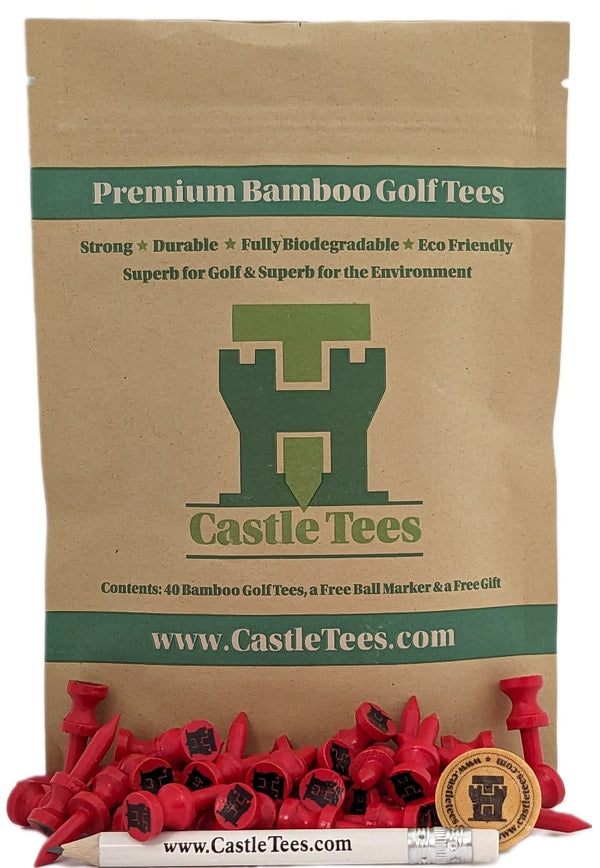 Red Castle Tees – 40 x 32mm 1 ¼ inch Red Premium Bamboo Golf Tees in a Biodegradable Resealable Bag