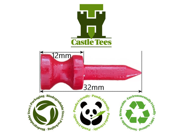 Red Castle Tees – 40 x 32mm 1 ¼ inch Red Premium Bamboo Golf Tees in a Biodegradable Resealable Bag