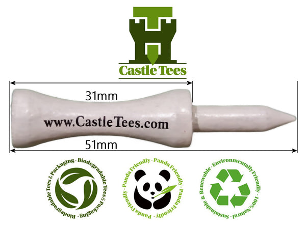 White Castle Tees – 40 x 51mm 2 inch White Premium Bamboo Golf Tees in a Tin